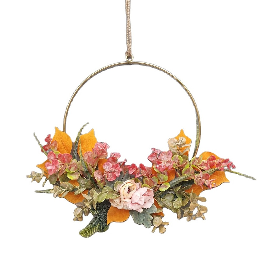 Floral Hoop Wreath, Artificial Flowers and Green Leaves Garland Metal Ring Wreath Hanging for Wedding Wall Decor Home Decoration