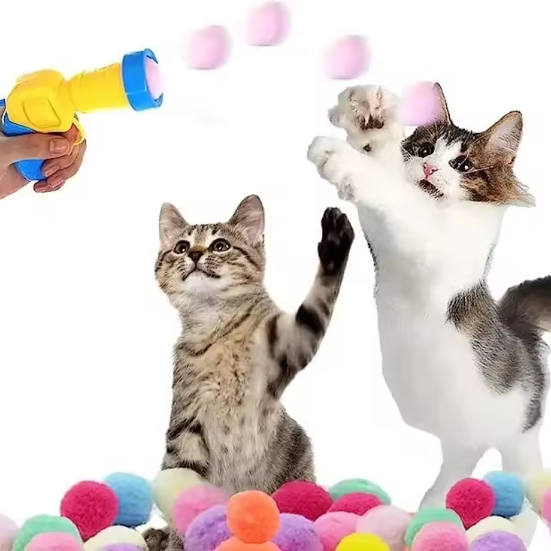 Cat Plush Toy Launching Gun Micro-elastic Soft Fuzzy Cat Toy Balls with Launching Gun Chew Ball Pet Cat Scratcher Toys