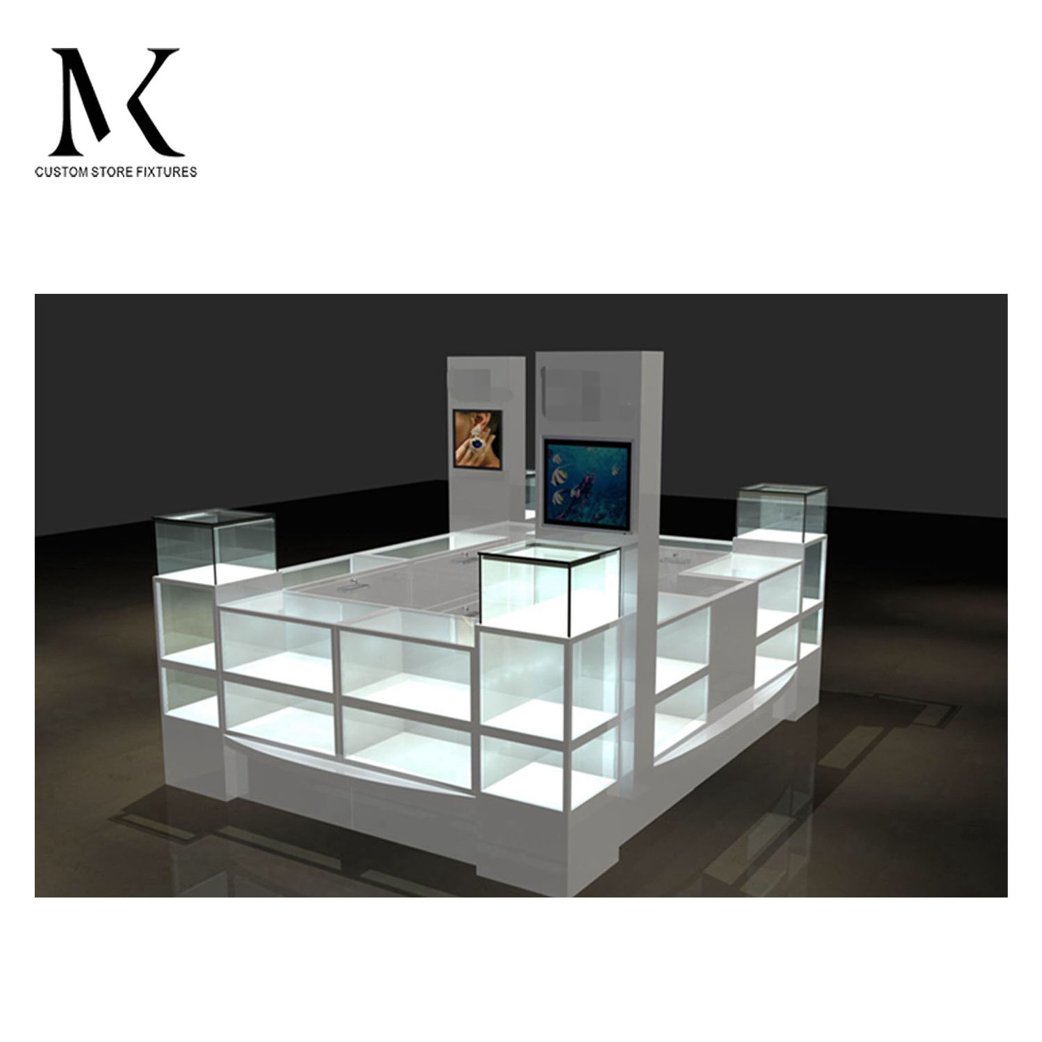 Lishi 2024 New Tempered Glass Retail Kiosk Jewelry Showcase Jewelry Kiosk Shopping Mall Display Sales Kiosk Design