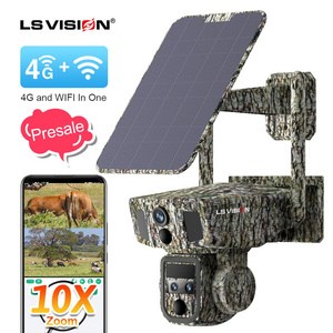 LS VISION solar outdoor 10X Optical Zoom three lens ip wireless security ai CCTV solar powered ptz surveillance 4G trail camera