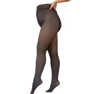 Women Fleece Lined Warmed Leggings Dark Skin Fake Thermal Pantyhose High Waist Warm Fleece Lined Stocking