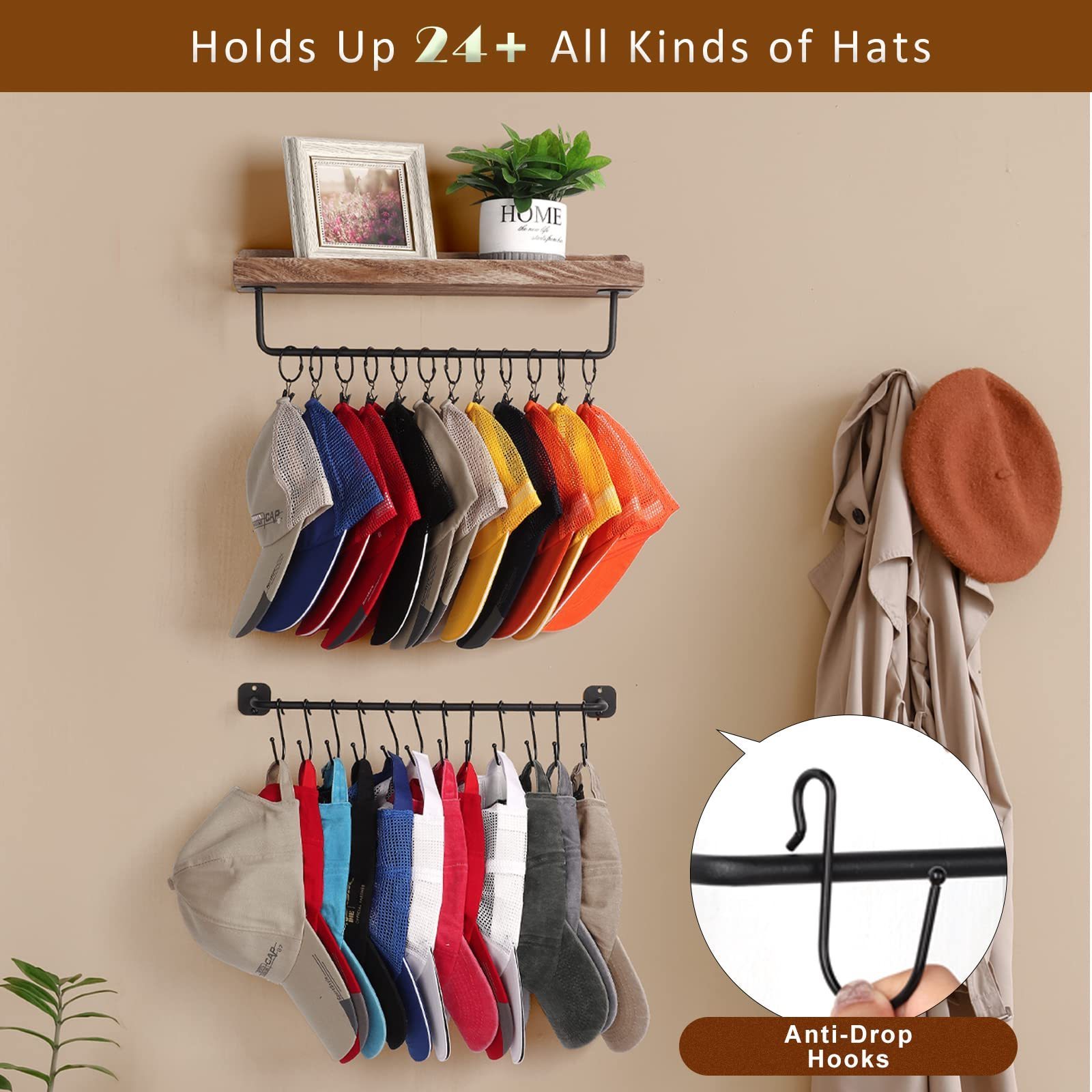 Wall Mount with Shelf Hat Hanger Hat Organizer for Baseball Caps Metal Hat Holder Rack for Closet Wall Storage Organization