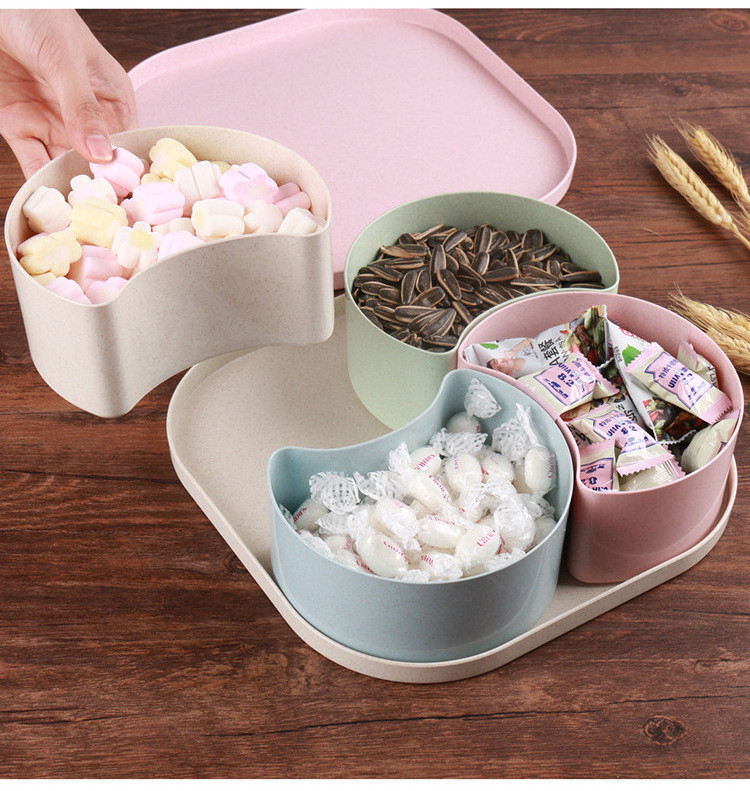 Snack Plate Compote Candy Box4 Compartment Round Plastic Food Storage Wheat Straw Snack Fruit Candy Dish Candy Tray Plastic