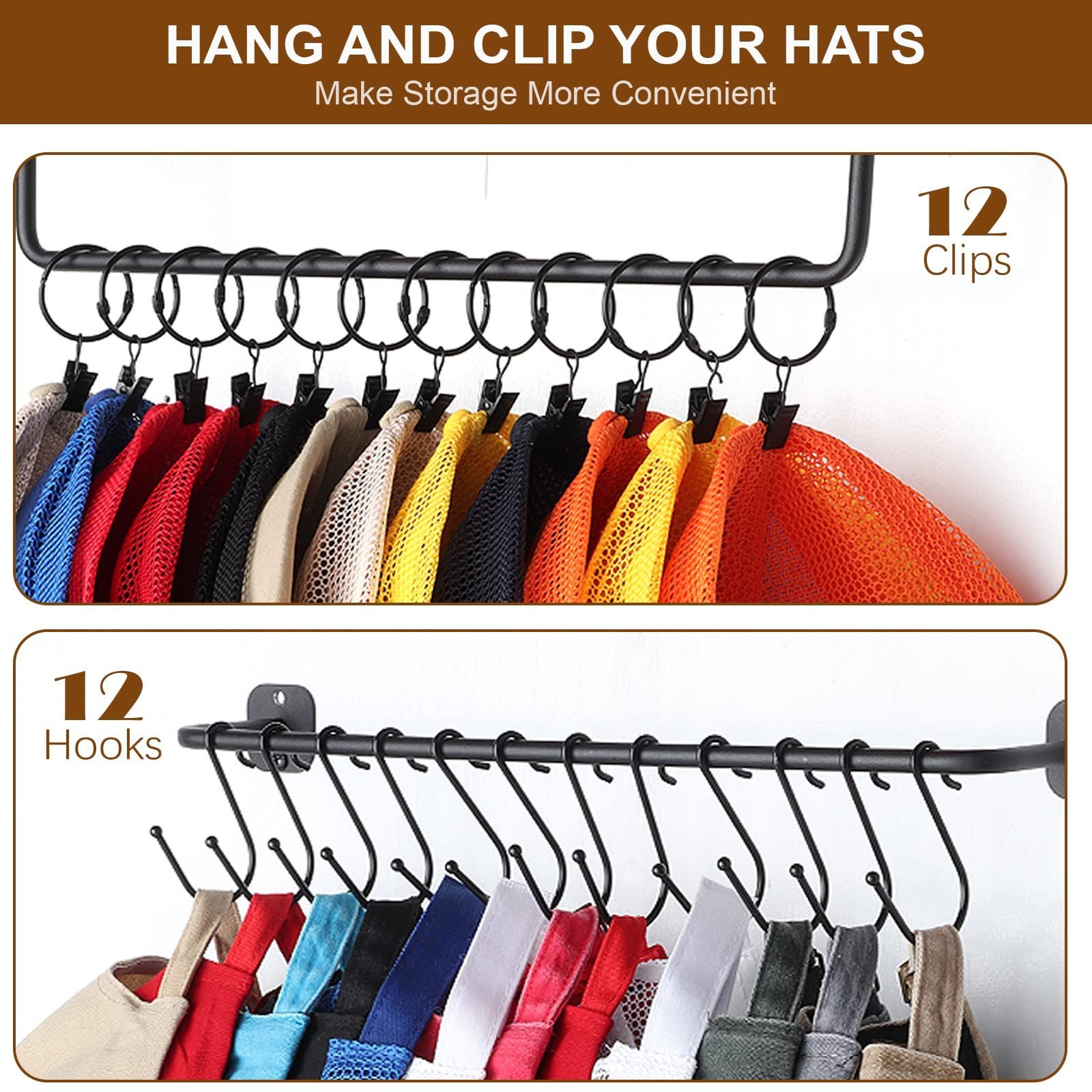 Wall Mount with Shelf Hat Hanger Hat Organizer for Baseball Caps Metal Hat Holder Rack for Closet Wall Storage Organization