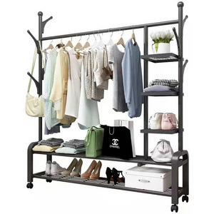 Modern Heavy Duty Drying Rack with Side Rails Clothing Rack on Wheels Double Rails Rolling Clothes Rack with 2 Tier Shelves