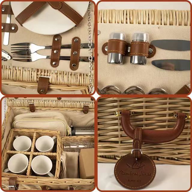 Wholesale rectangular wicker storage basket, hand woven picnic basket set including everything