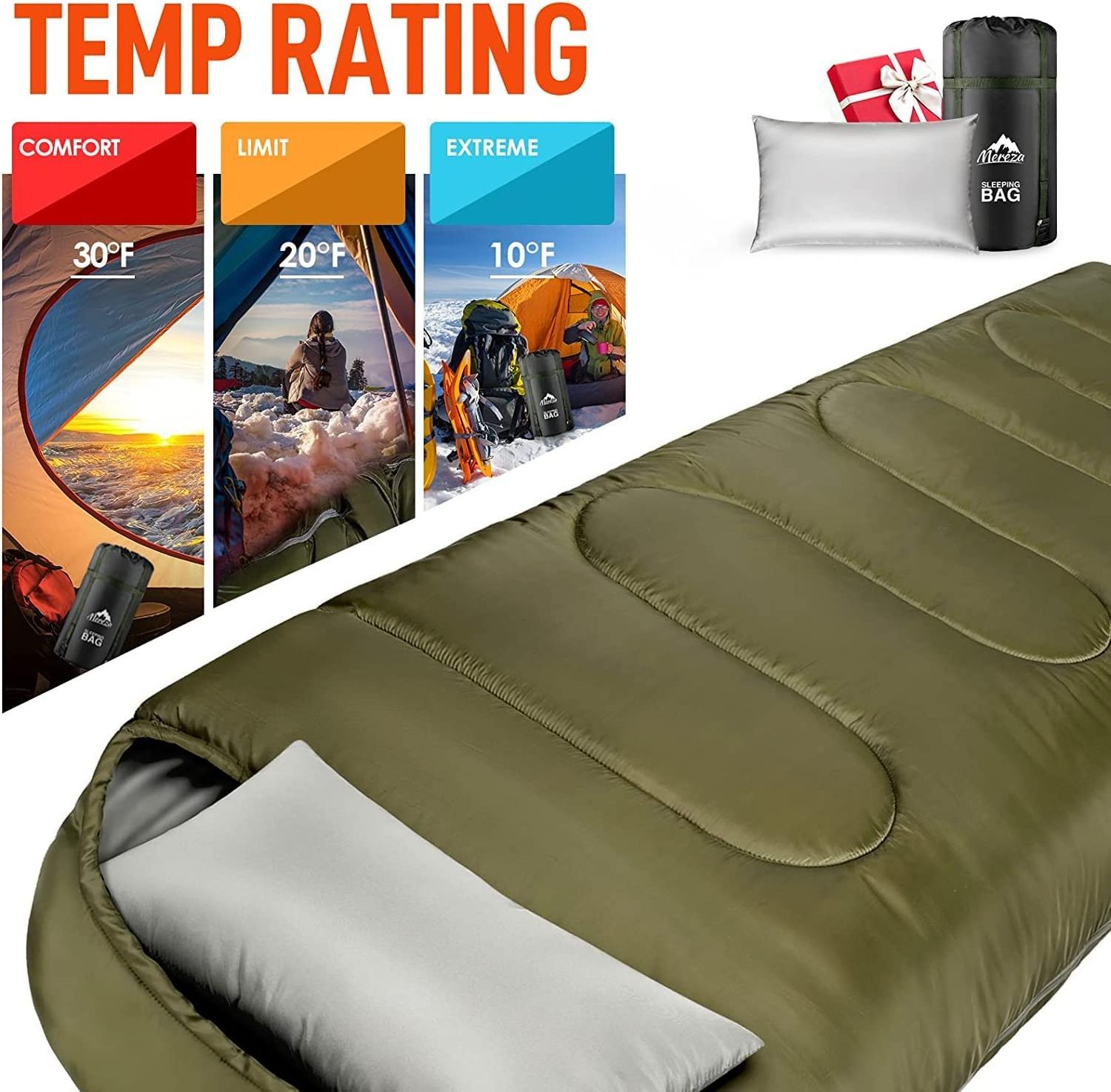 Camping Sleeping Bag Manufacturer Winter Waterproof Single army green Sleeping Bag With Pillows