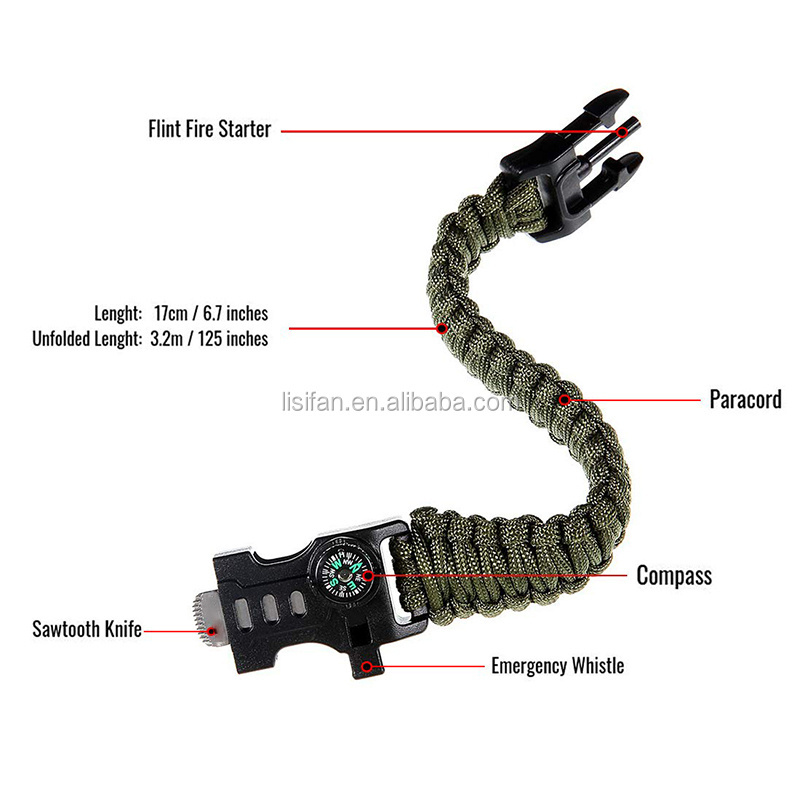 Outdoor SOS Emergency Tactical Emergency Gear Kit Survival Bracelet for Hiking Traveling