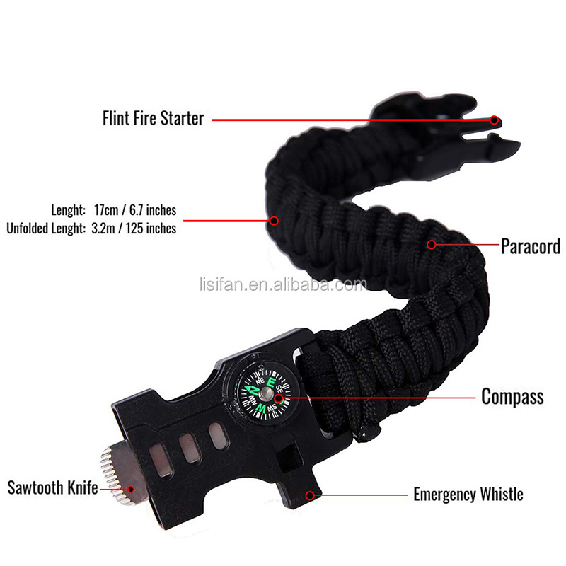 5-in-1 Survival Tactical Bracelet Fire Starter, Compass, Emergency Whistle & Small Knife for Hiking Traveling Camping Gear Kit