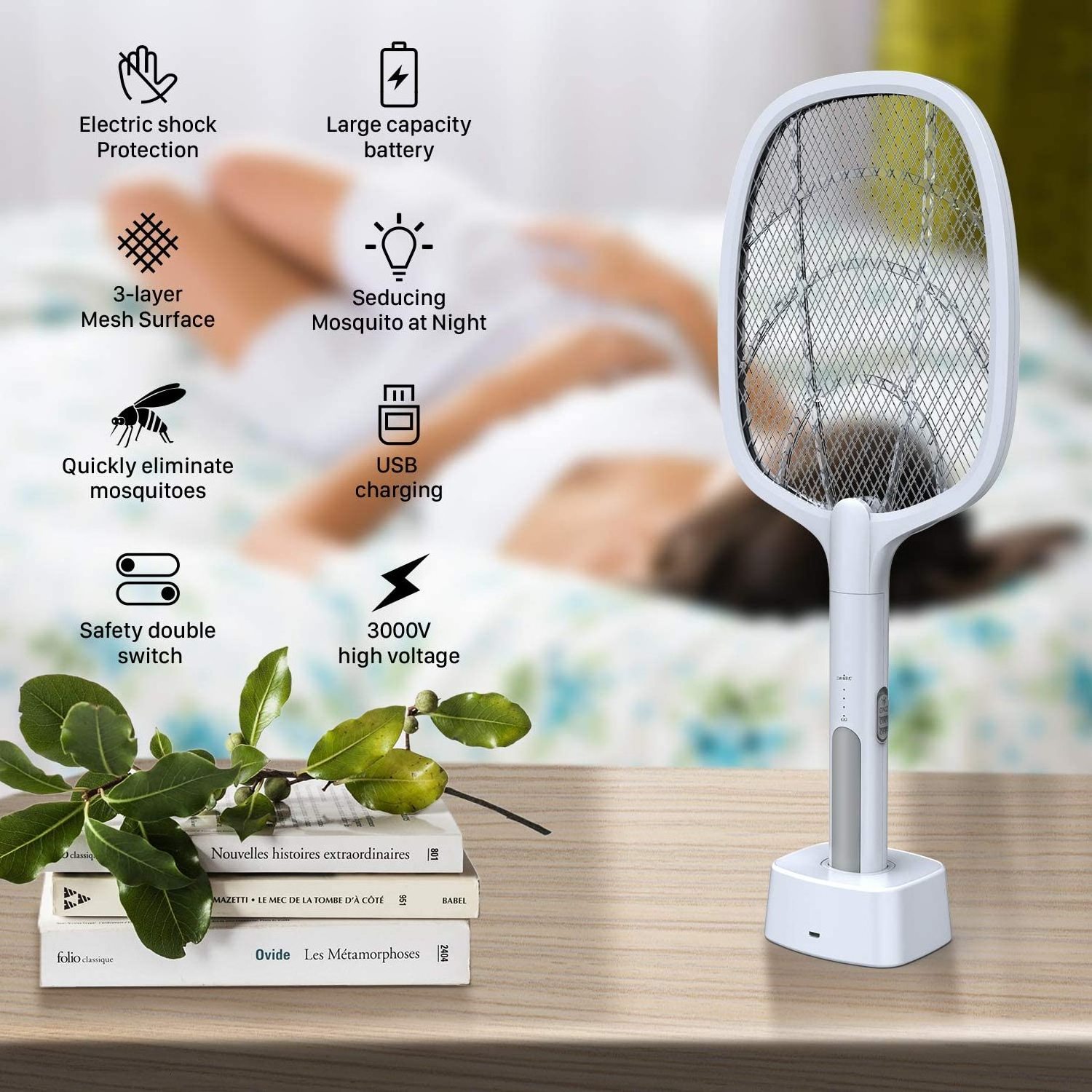 Electric Fly Swatter 2 in 1 USB Rechargeable Bug Zapper Racket Mosquito Killer Lamp for Home Outdoor