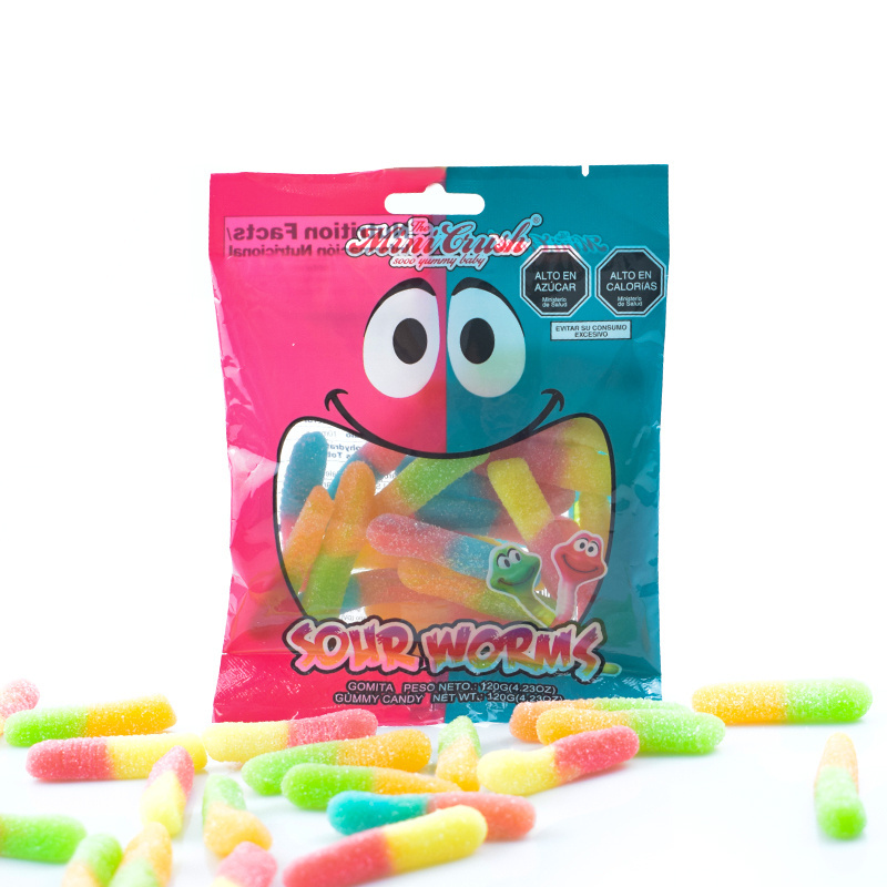 MINICRUSH Candy custom high quality fruit flavours chewy sweet cartoon soft icing gummy worm candy