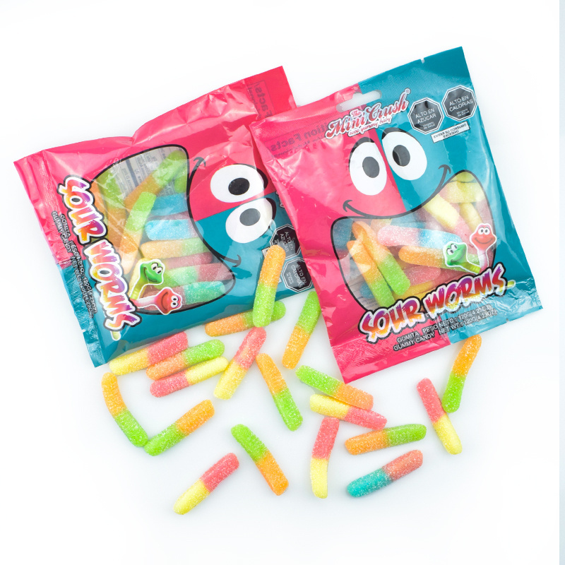 MINICRUSH Candy custom high quality fruit flavours chewy sweet cartoon soft icing gummy worm candy