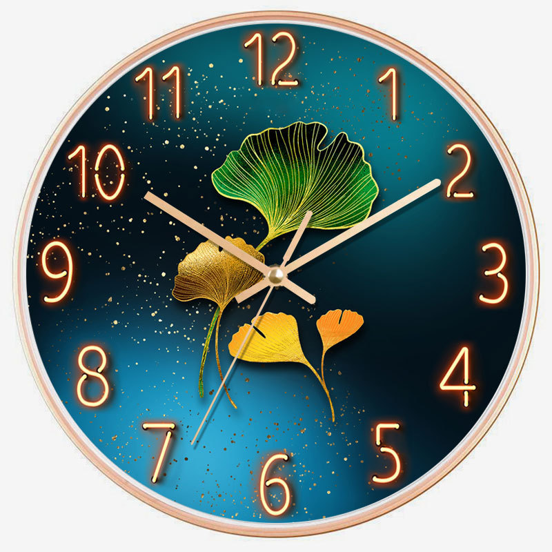 14 INCH Dia 34cm Silent Decoration Wall Clock Modern Living Room Calendar Creative Home Light Luxury Ginkgo Leaf Date Wall Clock