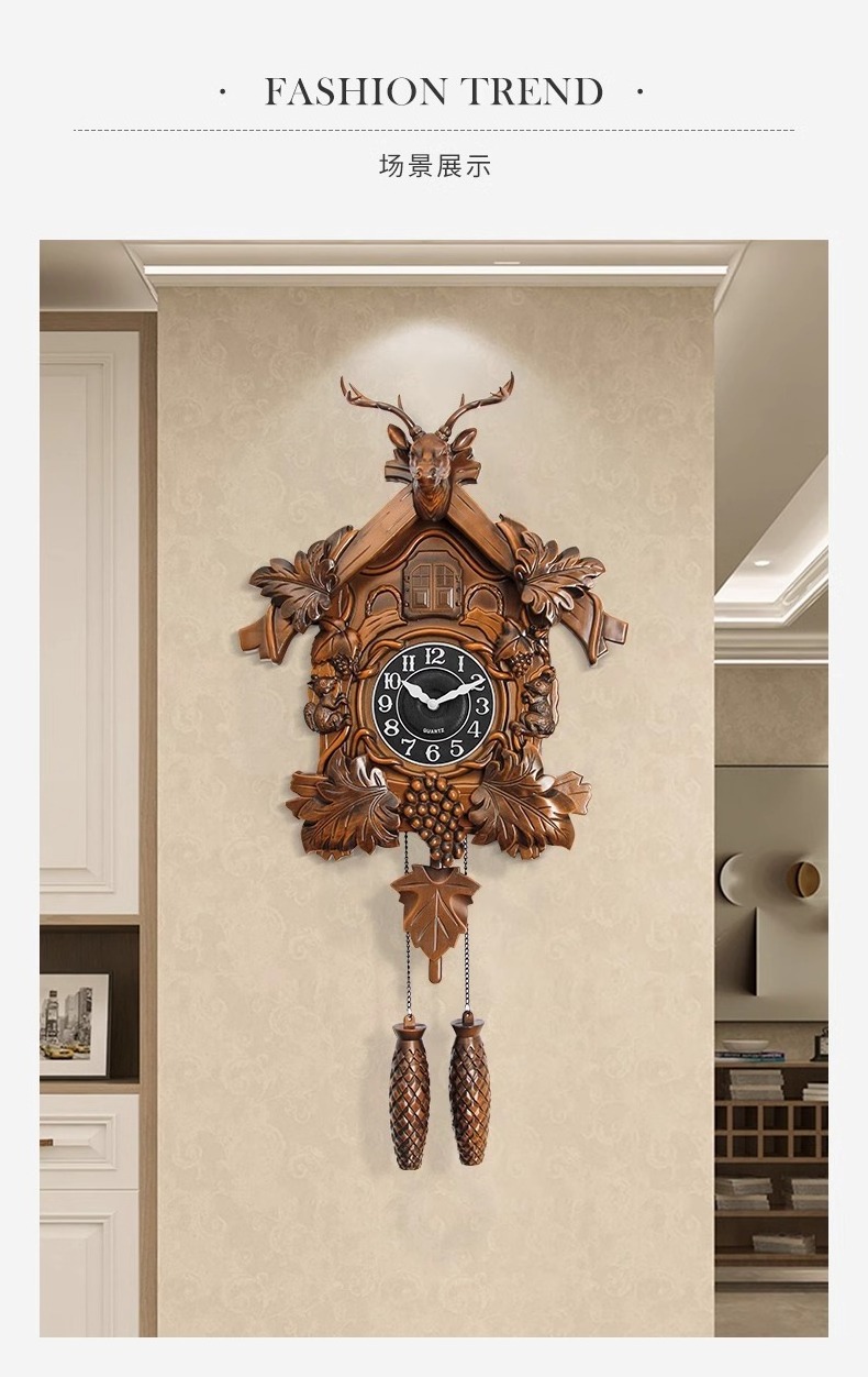 Traditional Hourly Cuckoo Singing Pendulum Wall Clock Retro Deer Dead Clock Luxury Decor Cuckoo Bird household Art Wall Clock