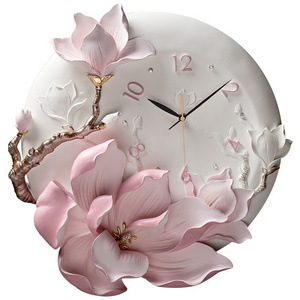 Luxury High Quality Home Living Room Quartz  Resin Flower Wall Clock Hand-painted  Floral Decorations Resin Orchid Flower Clocks