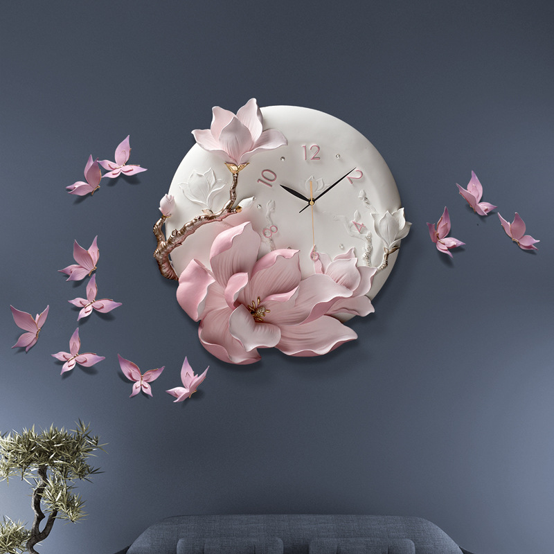 Luxury High Quality Home Living Room Quartz  Resin Flower Wall Clock Hand-painted  Floral Decorations Resin Orchid Flower Clocks