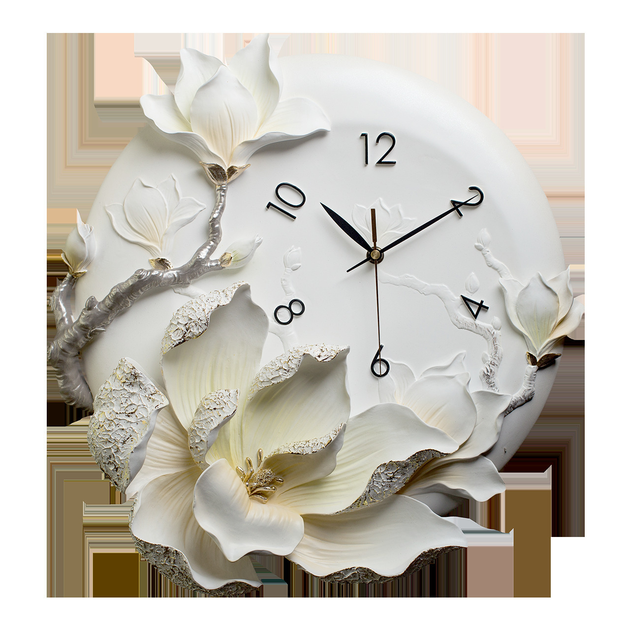 Luxury High Quality Home Living Room Quartz  Resin Flower Wall Clock Hand-painted  Floral Decorations Resin Orchid Flower Clocks