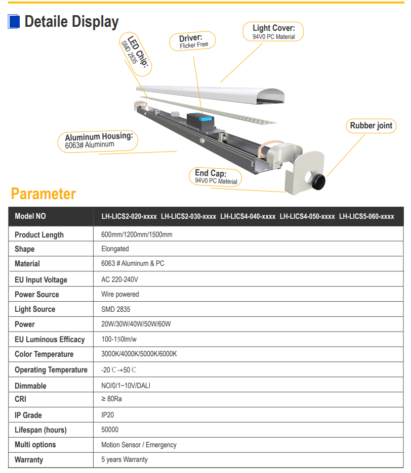 Led Battens 20w 30w 40w 50w 60w IP20 Kelvin Adjustable Linear Light Fixture Workbench LED Strip Light