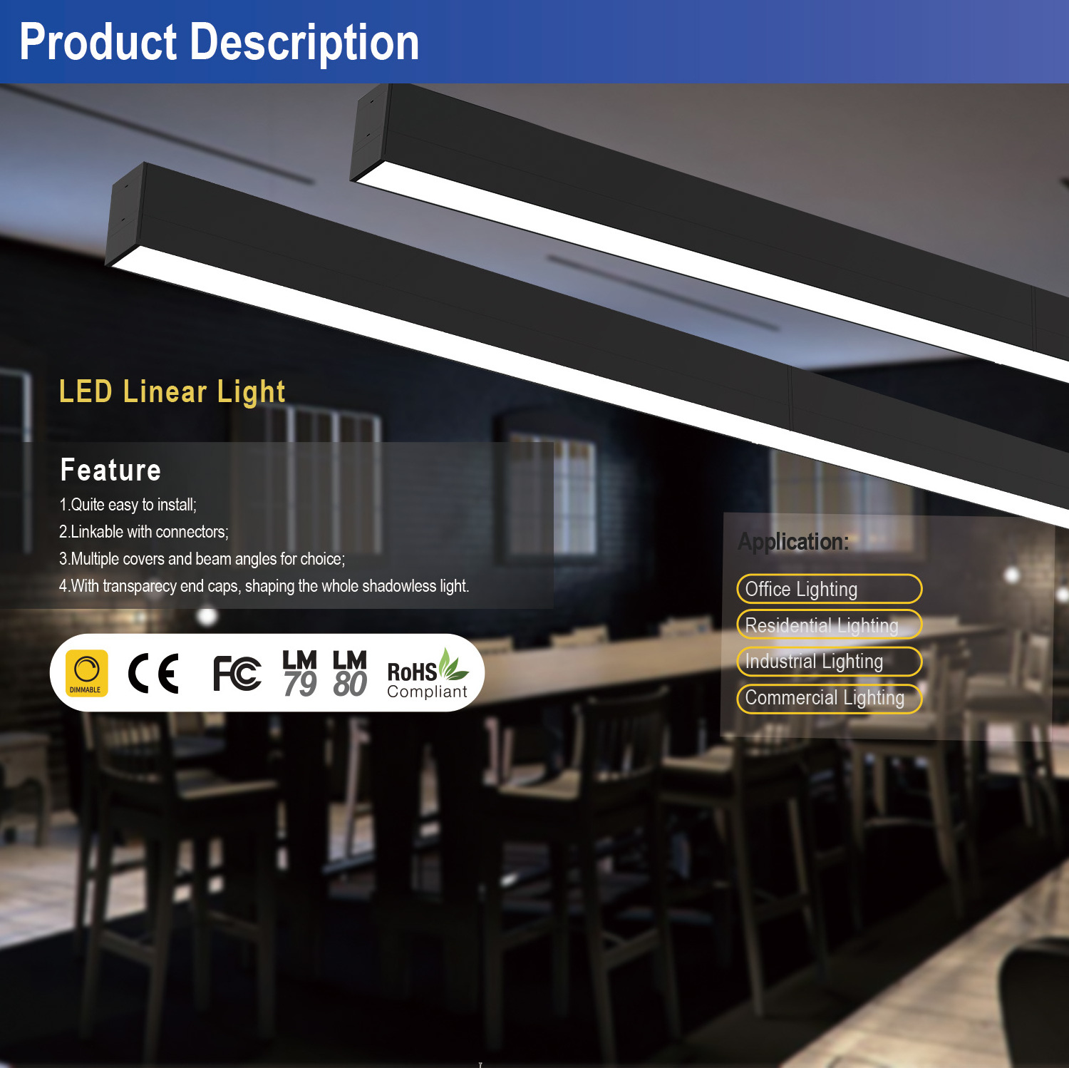 LED tube light office lighting 0-10V dimming suspended led linear  fixtures Office Lamp PC Diffuser