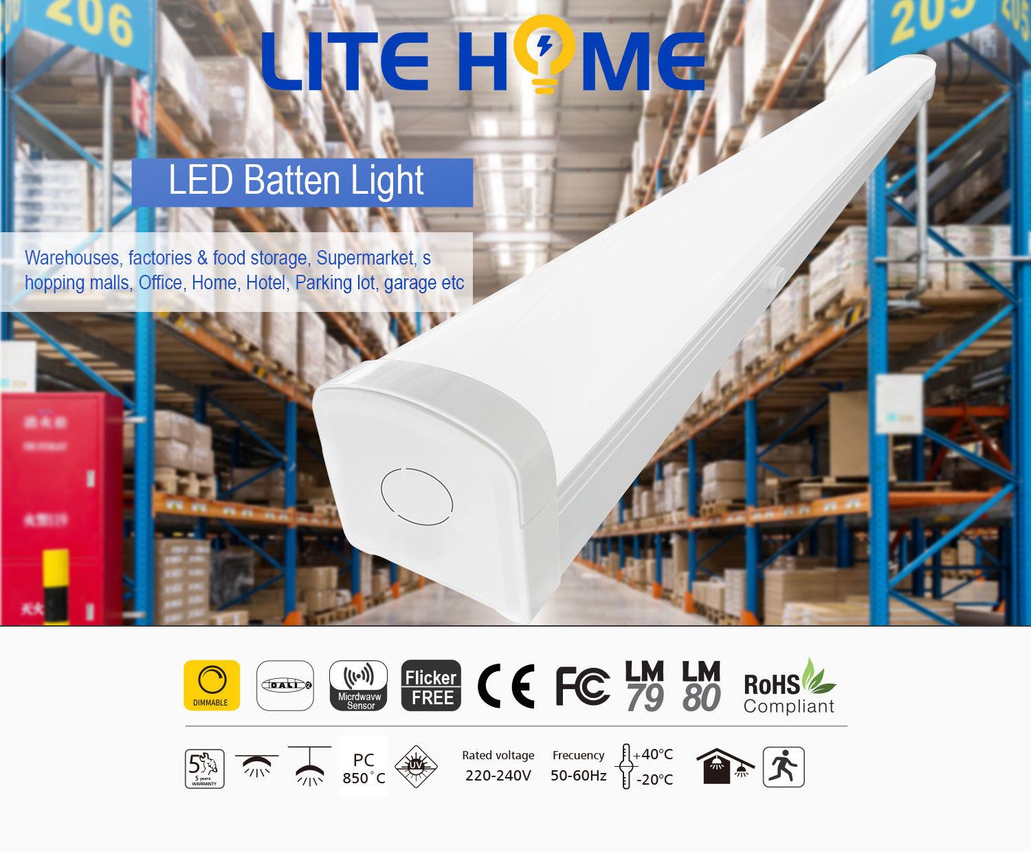 Led Battens 20w 30w 40w 50w 60w IP20 Kelvin Adjustable Linear Light Fixture Workbench LED Strip Light