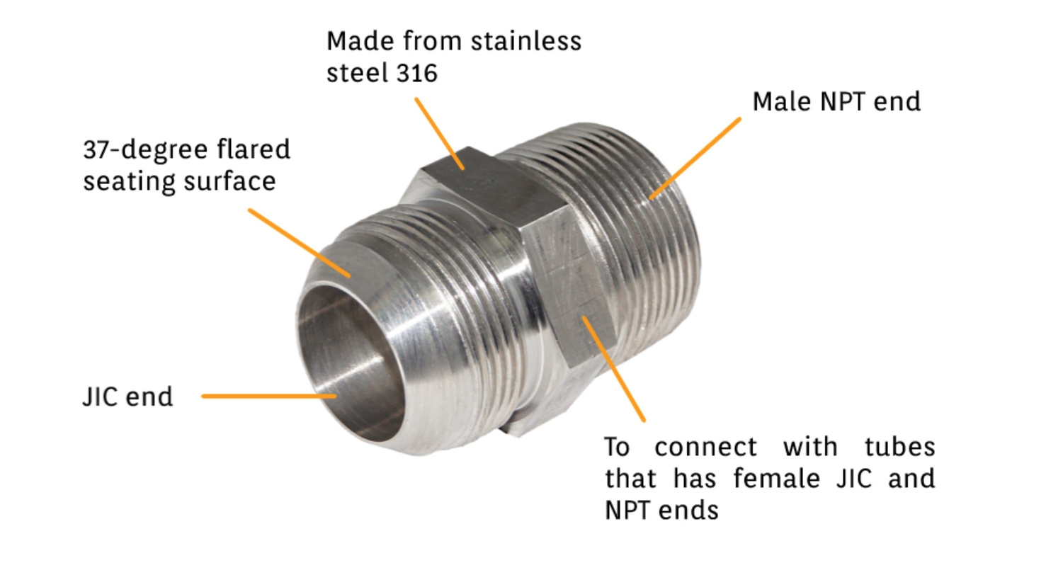 Hydraulic Hose Adapter 1/8 in x 1/4 in Fitting Size, Male x Male, NPT x JIC Rigid Straight 316 Stainless Steel