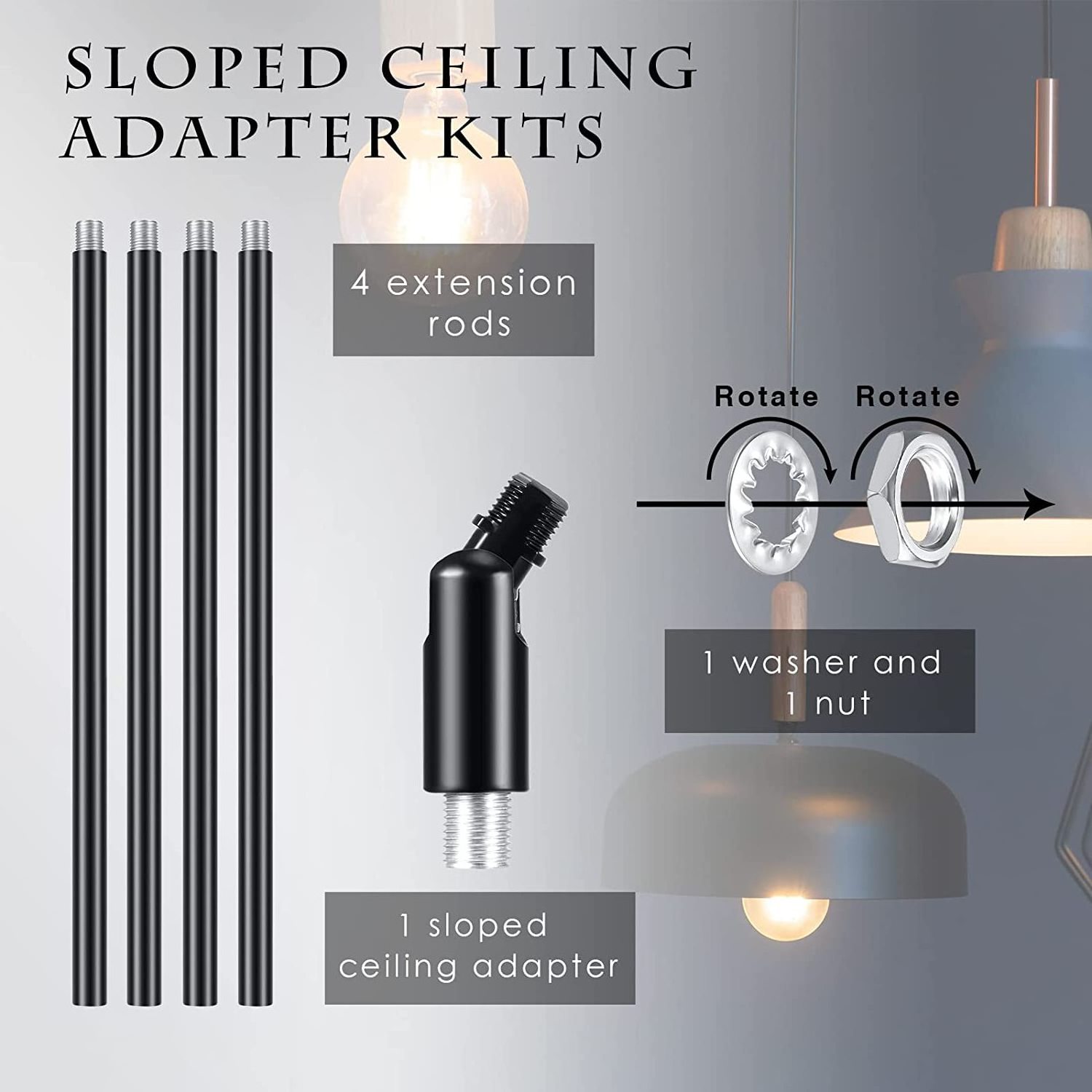 Sloped ceiling adapter kits threaded extension rods lighting fixture drown rods stems with washers and nut for pendant light