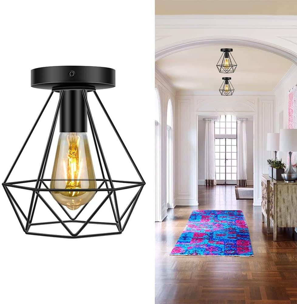 Vintage Ceiling Pendant Light Industrial Flush Mount Caged Pendant Hanging Lamp Shade black Finish for Kitchen Hallway Entryway