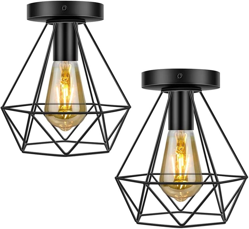 Vintage Ceiling Pendant Light Industrial Flush Mount Caged Pendant Hanging Lamp Shade black Finish for Kitchen Hallway Entryway