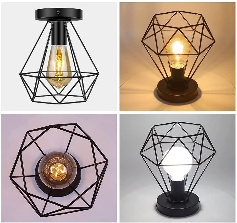 Vintage Ceiling Pendant Light Industrial Flush Mount Caged Pendant Hanging Lamp Shade black Finish for Kitchen Hallway Entryway