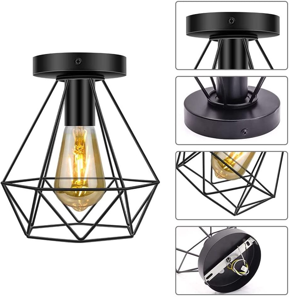 Vintage Ceiling Pendant Light Industrial Flush Mount Caged Pendant Hanging Lamp Shade black Finish for Kitchen Hallway Entryway