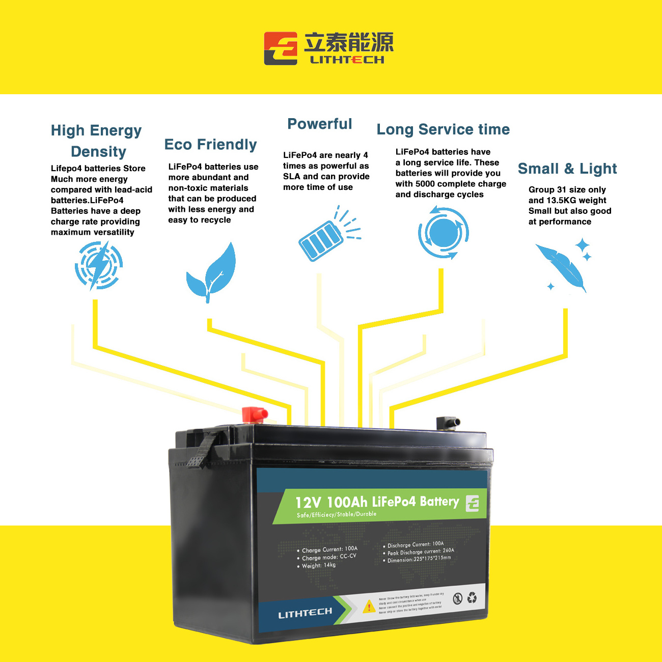 Lithtech Deep Cycle Rechargeable Lithium Ion Lifepo4 Solar Battery 12v 100ah Lithium Ion Battery 12v