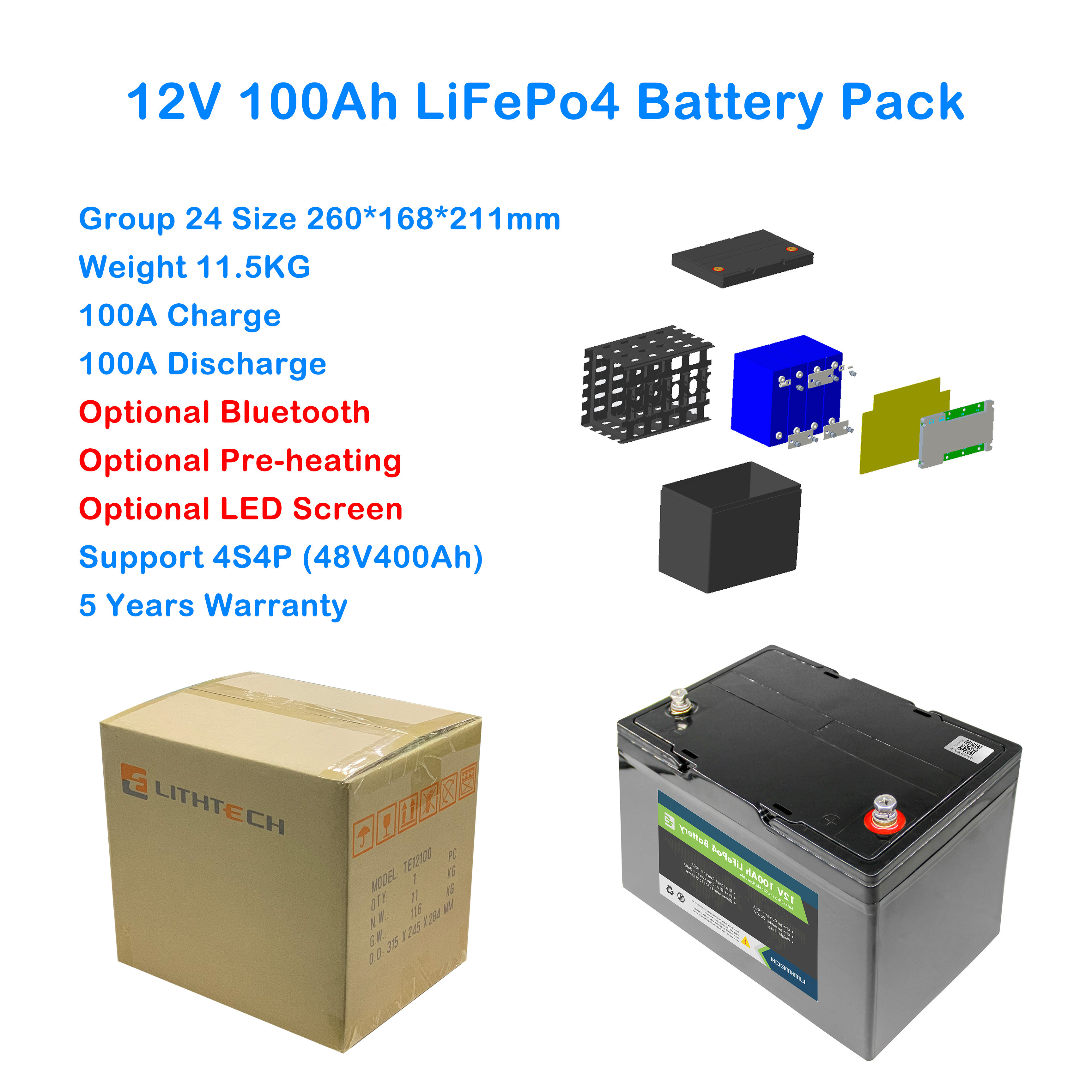 12V 100Ah 200Ah lithium ion battery pack ABS reinforce holder resist vibration design for RV golf trolley battery with Bluetooth