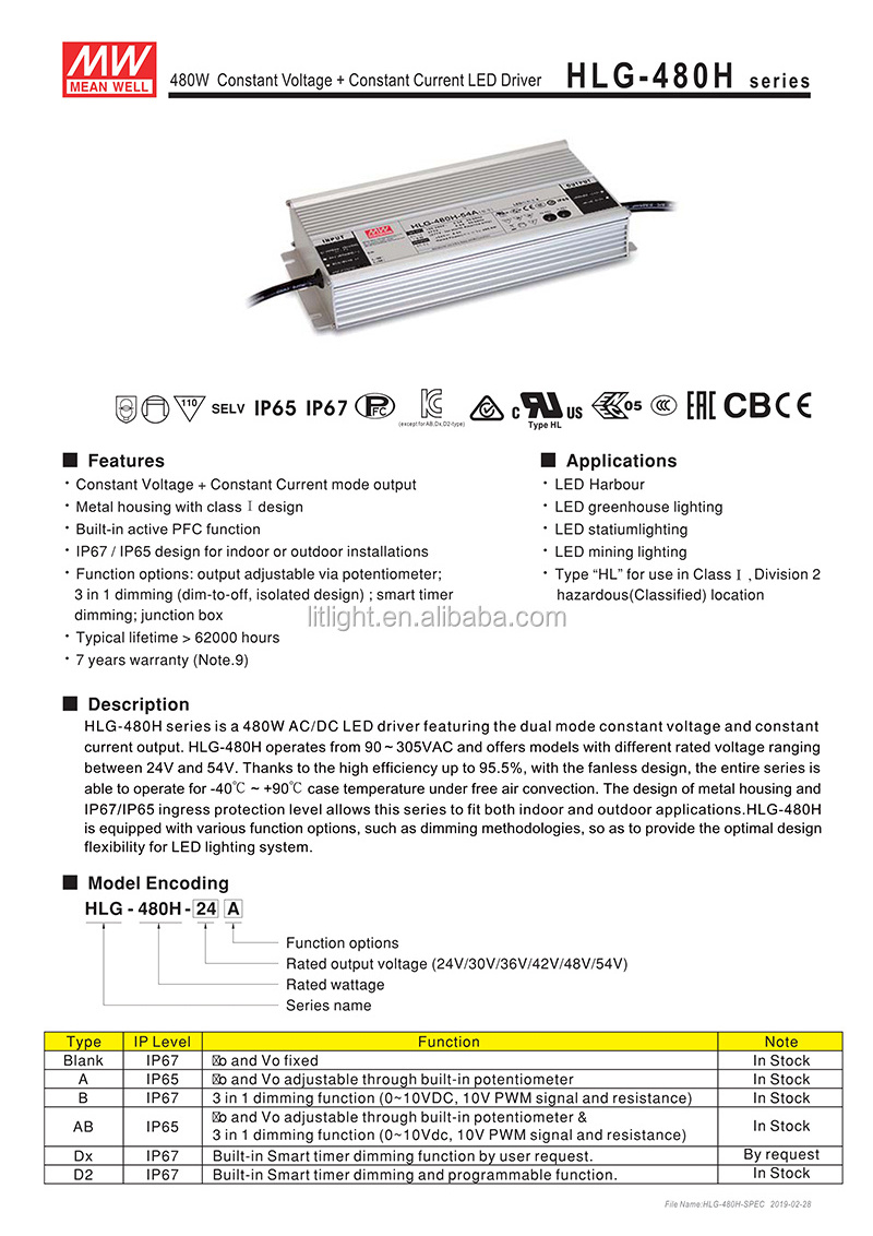 Meanwell 320H series HLG-320H HLG-320H-48b HLG-320H-C1400b IP65 IP67 dimmable 320W power supply led driver 320 watt Mean Well