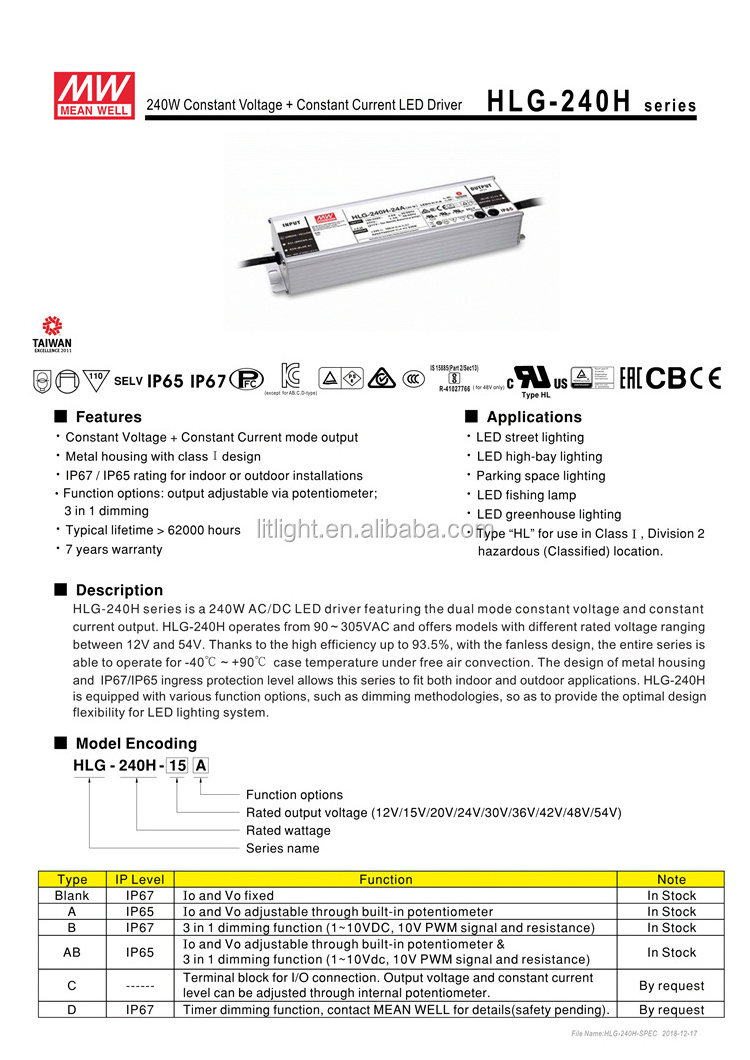 Meanwell 320H series HLG-320H HLG-320H-48b HLG-320H-C1400b IP65 IP67 dimmable 320W power supply led driver 320 watt Mean Well