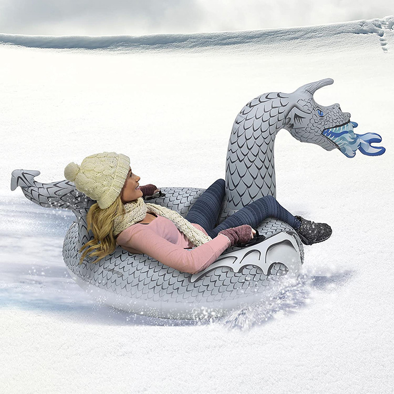 D02 Inflatable Ice Dragon Snow Tube Inflatable Sled for Kids and Adults Heavy Duty Snow Tube Toboggan with Safety Grip Handles