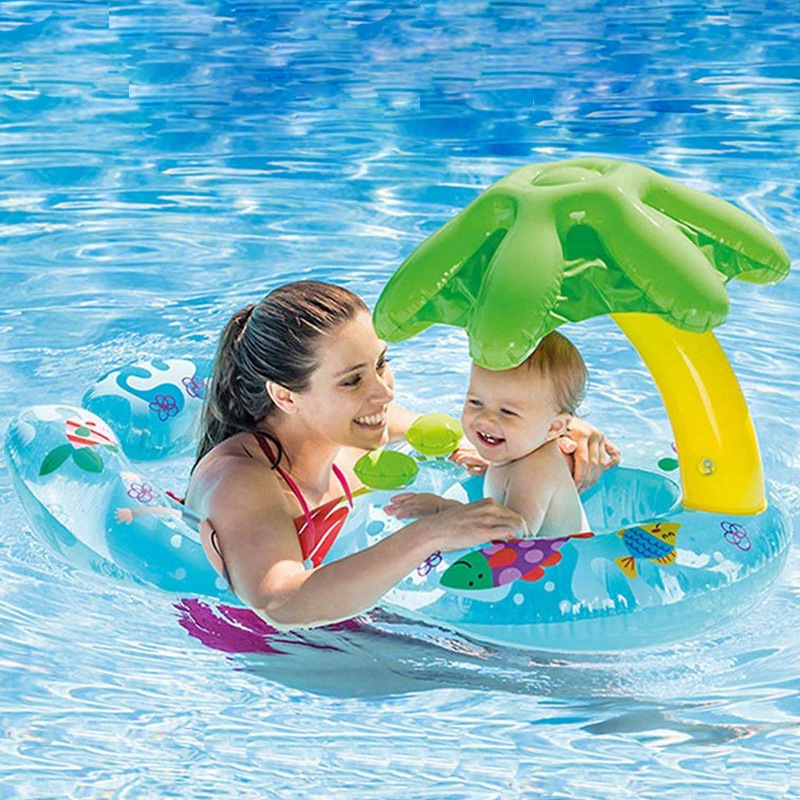 B01 New Double Layer Mother And Baby Seat Ring Inflatable Swim Float Swim Ring Pool Floats With Sunshade Umbrella