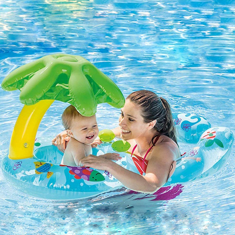 B01 New Double Layer Mother And Baby Seat Ring Inflatable Swim Float Swim Ring Pool Floats With Sunshade Umbrella