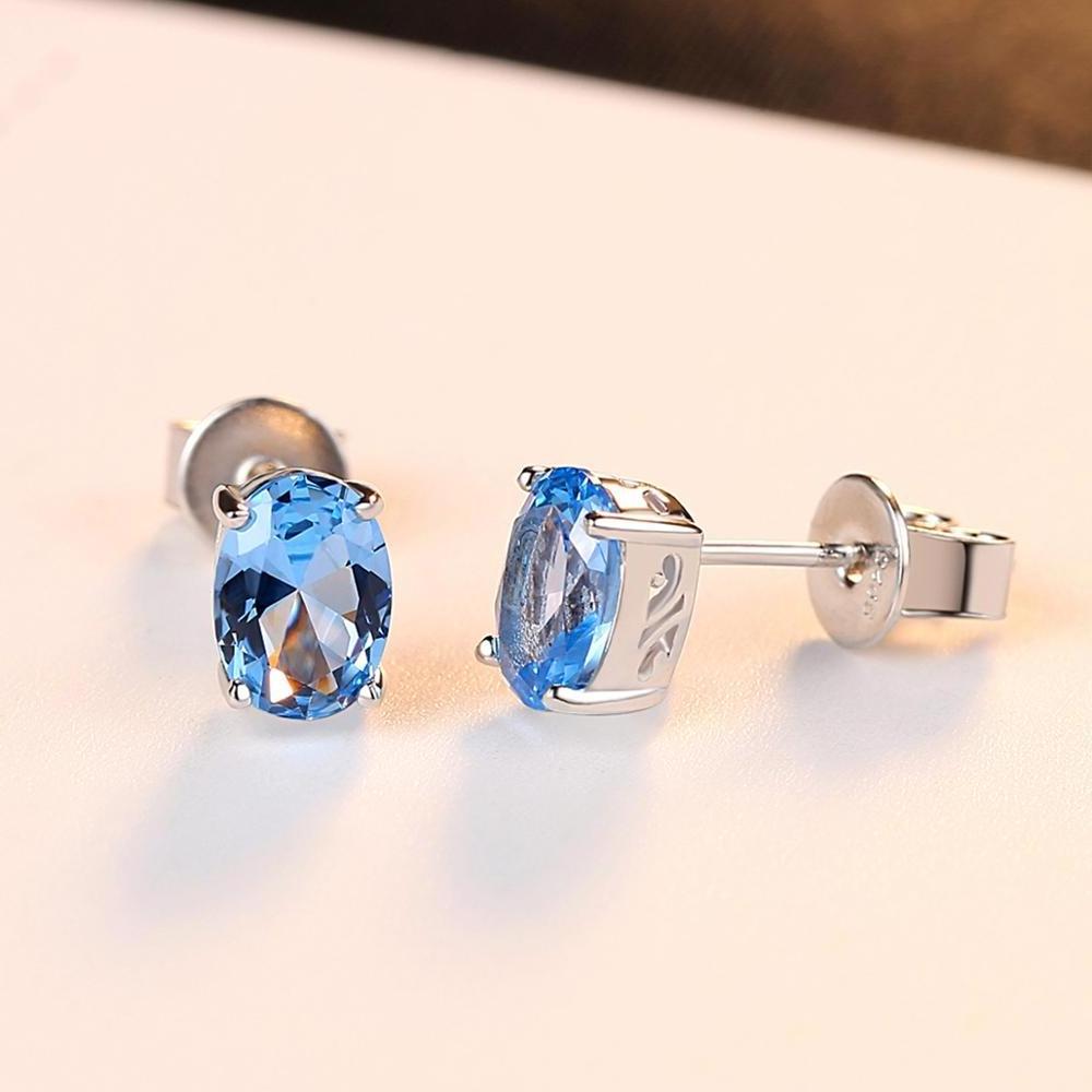 Fashion earring New Classical Natural Gemstone 925 Sterling Silver Fine Jewellery Oval Shape Blue Topaz Diamond Stud Earring