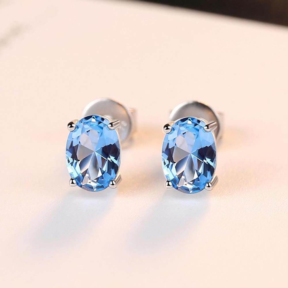 Fashion earring New Classical Natural Gemstone 925 Sterling Silver Fine Jewellery Oval Shape Blue Topaz Diamond Stud Earring