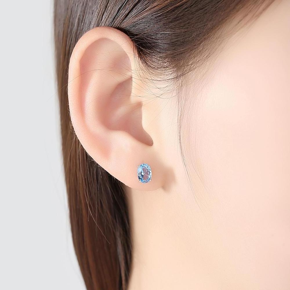 Fashion earring New Classical Natural Gemstone 925 Sterling Silver Fine Jewellery Oval Shape Blue Topaz Diamond Stud Earring