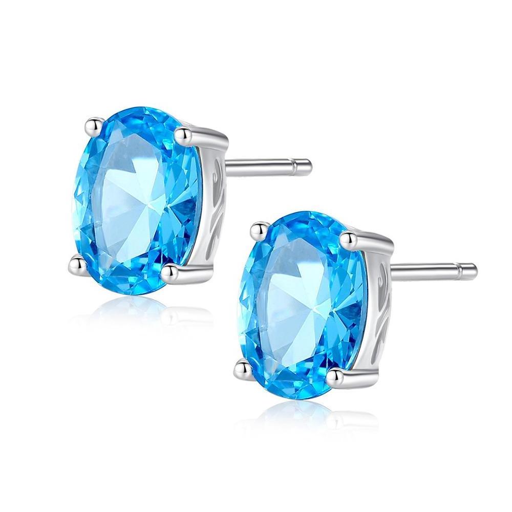 Fashion earring New Classical Natural Gemstone 925 Sterling Silver Fine Jewellery Oval Shape Blue Topaz Diamond Stud Earring