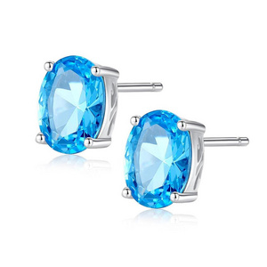 Fashion earring New Classical Natural Gemstone 925 Sterling Silver Fine Jewellery Oval Shape Blue Topaz Diamond Stud Earring