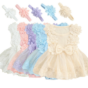 2024 Korean children's clothing Spring autumn baby lace Sleeveless Baby Flower Lace Tutu Romper with Headband