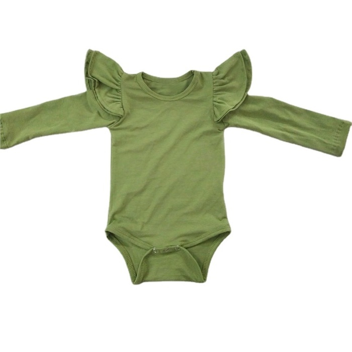 Wholesale Olive Green Baby Girl Romper Onesie Two Cotton Flutter Ruffles Long Sleeve Toddler Rompers