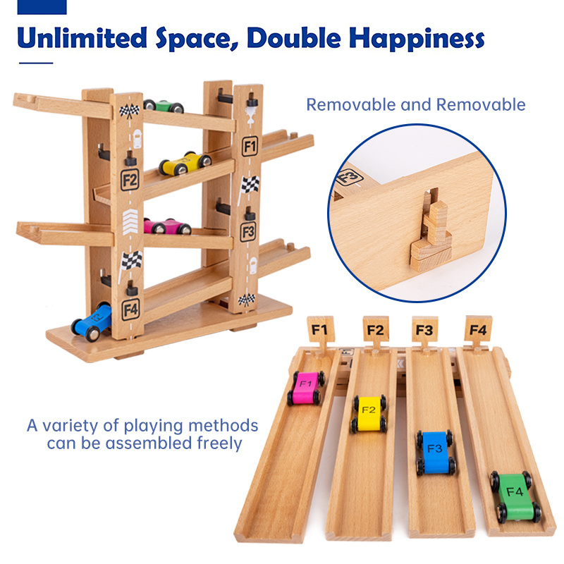 Multifunction Educational Wooden double swithback race track Car DIY Flip Ramp Racetrack with 4 small cars toys for kids