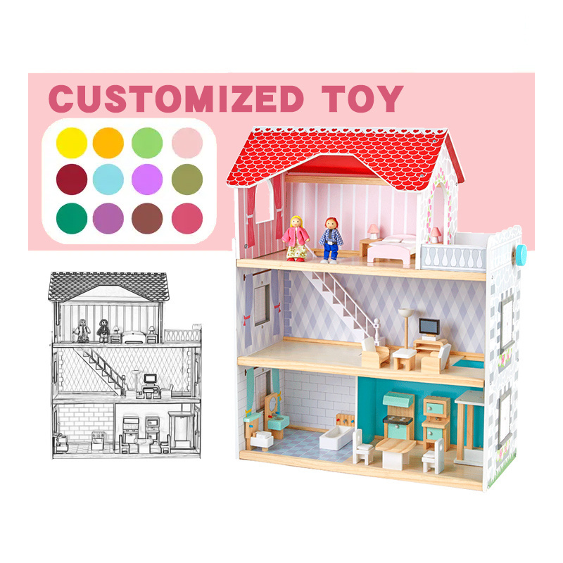 Large Doll House 3 Floors Big Wooden Kids  Pretend Role Play Wooden Baby Doll House Furniture Toddler Toys with Accessories