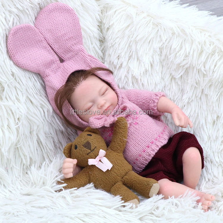 Reborn Baby Doll 11 Inch Silicone Girl Doll Mini Palm Doll Pink Suit Full Body Silicon Rooted Hair