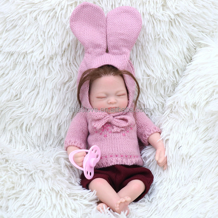 Reborn Baby Doll 11 Inch Silicone Girl Doll Mini Palm Doll Pink Suit Full Body Silicon Rooted Hair