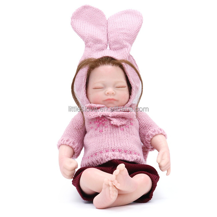 Reborn Baby Doll 11 Inch Silicone Girl Doll Mini Palm Doll Pink Suit Full Body Silicon Rooted Hair