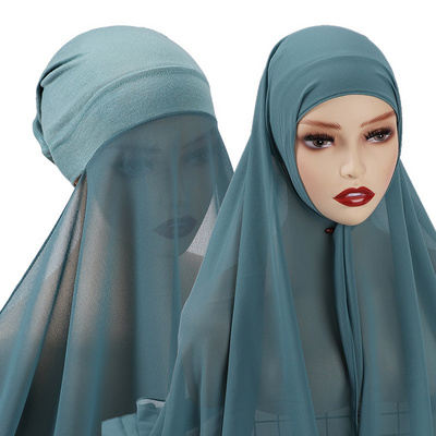 2022 new underscarf custom plain instant chiffon hijab with inner jersey bonnet caps headscarf shawl scarf